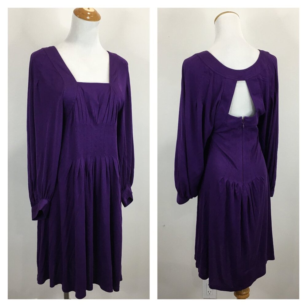 BCBGMAXAZRIA Square Neck Purple Cut Out Back Wide Sleeve Pleats Front Dress
